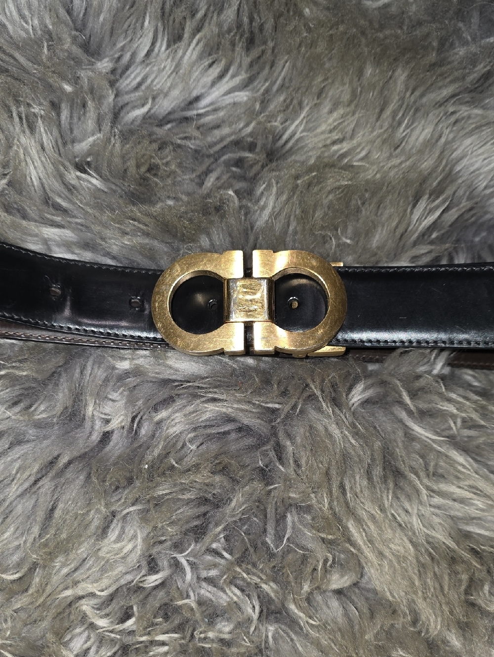 Salvatore Ferragamo Black Leather Belt with Gold Double Gancini Buckle 0045